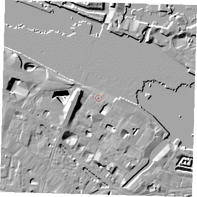 Shaded relief map of the ground around SE12NJ, computed from Environment Agency LiDAR. The ground here sits at about 4 m above sea level and falls 29 m across the surrounding 800 m. Surface water reaching this point runs off ground lying to the south-south-east, 1.2 m higher.