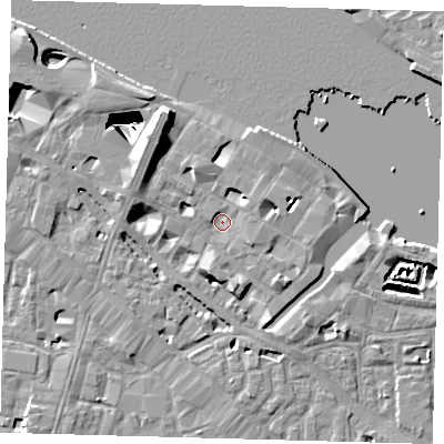 Shaded relief map of the ground around SE12NL, computed from Environment Agency LiDAR. The ground here sits at about 4 m above sea level and falls 29 m across the surrounding 800 m. Surface water reaching this point runs off ground lying to the north-west, 6.7 m higher.