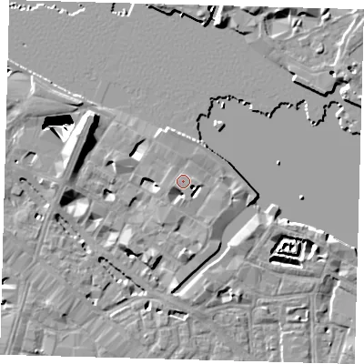 Shaded relief map of the ground around SE12NN, computed from Environment Agency LiDAR. The ground here sits at about 5 m above sea level and falls 29 m across the surrounding 800 m. Surface water reaching this point runs off ground lying to the north-north-east, 1.1 m higher.