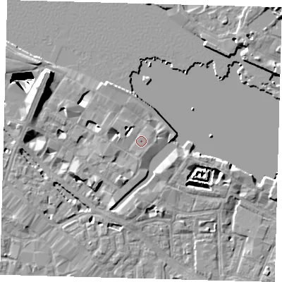 Shaded relief map of the ground around SE12NQ, computed from Environment Agency LiDAR. The ground here sits at about 4 m above sea level and falls 29 m across the surrounding 800 m. Surface water reaching this point runs off ground lying to the south-south-west, 2.1 m higher.