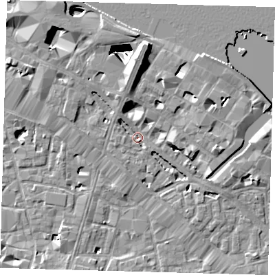 Shaded relief map of the ground around SE12NR, computed from Environment Agency LiDAR. The ground here sits at about 2 m above sea level and falls 29 m across the surrounding 800 m. Surface water reaching this point runs off ground lying to the north, 8.5 m higher.