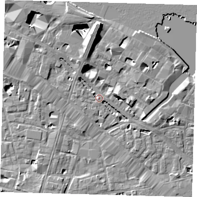 Shaded relief map of the ground around SE12NS, computed from Environment Agency LiDAR. The ground here sits at about 4 m above sea level and falls 29 m across the surrounding 800 m. Surface water reaching this point runs off ground lying to the north, 8.5 m higher.