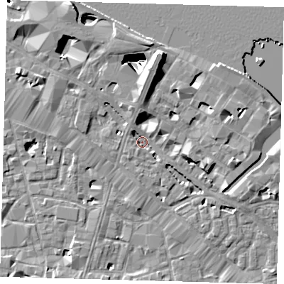 Shaded relief map of the ground around SE12NT, computed from Environment Agency LiDAR. The ground here sits at about 2 m above sea level and falls 29 m across the surrounding 800 m. Surface water reaching this point runs off ground lying to the north, 4.3 m higher.