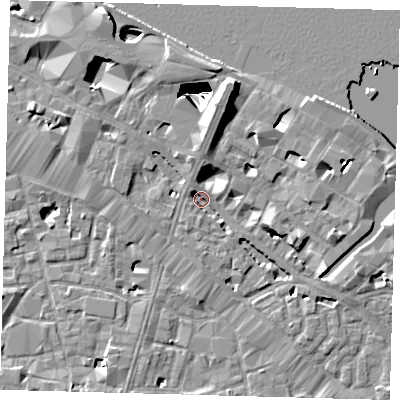 Shaded relief map of the ground around SE12NU, computed from Environment Agency LiDAR. The ground here sits at about 2 m above sea level and falls 29 m across the surrounding 800 m. Surface water reaching this point runs off ground lying to the north, 4.3 m higher.