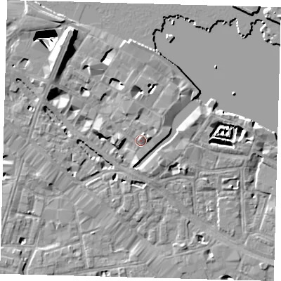 Shaded relief map of the ground around SE12NW, computed from Environment Agency LiDAR. The ground here sits at about 5 m above sea level and falls 29 m across the surrounding 800 m. Surface water reaching this point runs off ground lying to the west, 2.1 m higher.