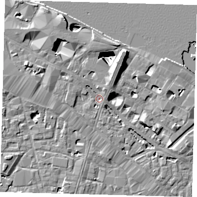 Shaded relief map of the ground around SE12NX, computed from Environment Agency LiDAR. The ground here sits at about 3 m above sea level and falls 29 m across the surrounding 800 m. Surface water reaching this point runs off ground lying to the north-north-east, 6.1 m higher.