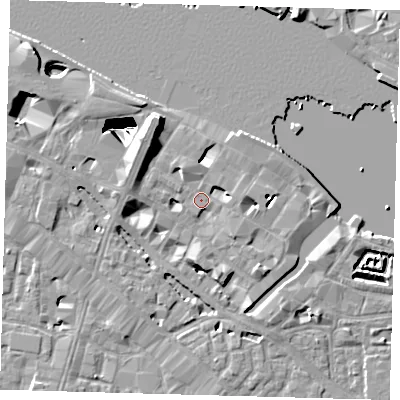 Shaded relief map of the ground around SE12NY, computed from Environment Agency LiDAR. The ground here sits at about 4 m above sea level and falls 29 m across the surrounding 800 m. Surface water reaching this point runs off ground lying to the west, 2.8 m higher.