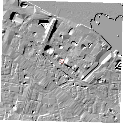Shaded relief map of the ground around SE12NZ, computed from Environment Agency LiDAR. The ground here sits at about 3 m above sea level and falls 29 m across the surrounding 800 m. Surface water reaching this point runs off ground lying to the north-north-west, 6.7 m higher.
