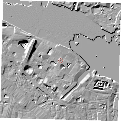 Shaded relief map of the ground around SE12PA, computed from Environment Agency LiDAR. The ground here sits at about 4 m above sea level and falls 29 m across the surrounding 800 m. Surface water reaching this point runs off ground lying to the south-south-west, 0.7 m higher.