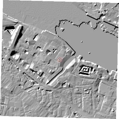 Shaded relief map of the ground around SE12PB, computed from Environment Agency LiDAR. The ground here sits at about 5 m above sea level and falls 29 m across the surrounding 800 m. Surface water reaching this point runs off ground lying to the south-south-west, 0.6 m higher.