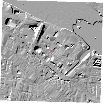Shaded relief map of the ground around SE12PD, computed from Environment Agency LiDAR. The ground here sits at about 4 m above sea level and falls 29 m across the surrounding 800 m. Surface water reaching this point runs off ground lying to the north-north-west, 6.7 m higher.