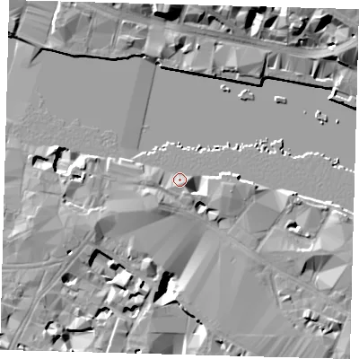 Shaded relief map of the ground around SE12PE, computed from Environment Agency LiDAR. The ground here sits at about 4 m above sea level and falls 18 m across the surrounding 800 m. Surface water reaching this point runs off ground lying to the south-east, 1.7 m higher.