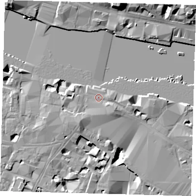 Shaded relief map of the ground around SE12PF, computed from Environment Agency LiDAR. The ground here sits at about 5 m above sea level and falls 17 m across the surrounding 800 m. Surface water reaching this point runs off ground lying to the south-east, 1.4 m higher.