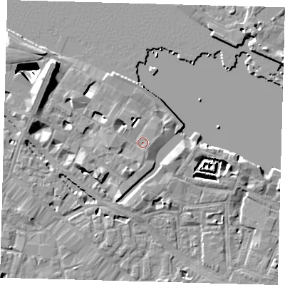 Shaded relief map of the ground around SE12PG, computed from Environment Agency LiDAR. The ground here sits at about 4 m above sea level and falls 29 m across the surrounding 800 m. Surface water reaching this point runs off ground lying to the south-south-west, 2.1 m higher.