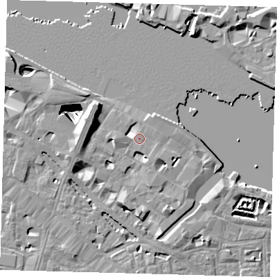 Shaded relief map of the ground around SE12PJ, computed from Environment Agency LiDAR. The ground here sits at about 4 m above sea level and falls 29 m across the surrounding 800 m. Surface water reaching this point runs off ground lying to the west-north-west, 6.7 m higher.