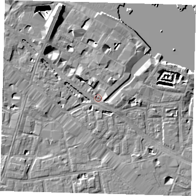 Shaded relief map of the ground around SE12PN, computed from Environment Agency LiDAR. The ground here sits at about 4 m above sea level and falls 29 m across the surrounding 800 m. Surface water reaching this point runs off ground lying to the north-north-west, 3.4 m higher.