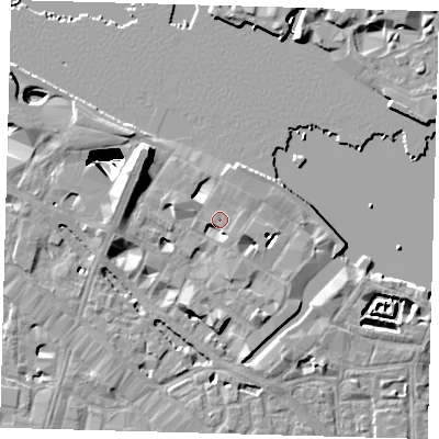Shaded relief map of the ground around SE12PP, computed from Environment Agency LiDAR. The ground here sits at about 4 m above sea level and falls 29 m across the surrounding 800 m. Surface water reaching this point runs off ground lying to the west-north-west, 6.7 m higher.