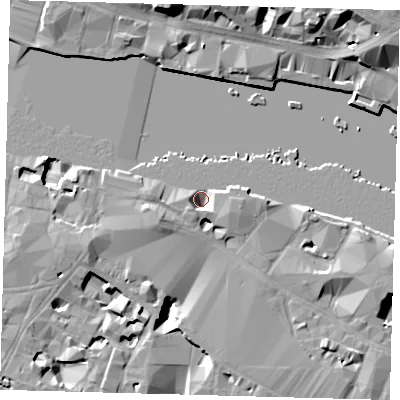 Shaded relief map of the ground around SE12PR, computed from Environment Agency LiDAR. The ground here sits at about 2 m above sea level and falls 18 m across the surrounding 800 m. Surface water reaching this point runs off ground lying to the east-south-east, 5.0 m higher.