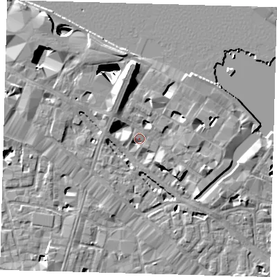 Shaded relief map of the ground around SE12PT, computed from Environment Agency LiDAR. The ground here sits at about 4 m above sea level and falls 29 m across the surrounding 800 m. Surface water reaching this point runs off ground lying to the north, 6.0 m higher.