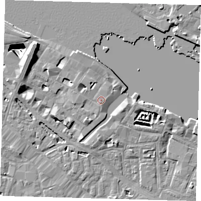 Shaded relief map of the ground around SE12PU, computed from Environment Agency LiDAR. The ground here sits at about 5 m above sea level and falls 29 m across the surrounding 800 m. Surface water reaching this point runs off ground lying to the south-south-west, 0.6 m higher.