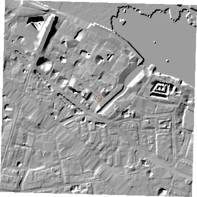 Shaded relief map of the ground around SE12PW, computed from Environment Agency LiDAR. The ground here sits at about 4 m above sea level and falls 29 m across the surrounding 800 m. Surface water reaching this point runs off ground lying to the west-north-west, 2.2 m higher.