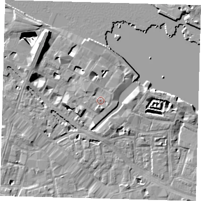 Shaded relief map of the ground around SE12PX, computed from Environment Agency LiDAR. The ground here sits at about 4 m above sea level and falls 29 m across the surrounding 800 m. Surface water reaching this point runs off ground lying to the south-south-west, 2.0 m higher.