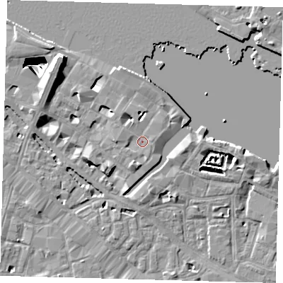 Shaded relief map of the ground around SE12PY, computed from Environment Agency LiDAR. The ground here sits at about 4 m above sea level and falls 29 m across the surrounding 800 m. Surface water reaching this point runs off ground lying to the south-south-west, 2.1 m higher.