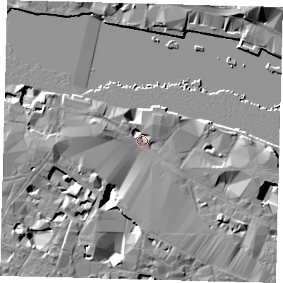 Shaded relief map of the ground around SE12QF, computed from Environment Agency LiDAR. The ground here sits at about 4 m above sea level and falls 16 m across the surrounding 800 m. Surface water reaching this point runs off ground lying to the west-north-west, 10.1 m higher.