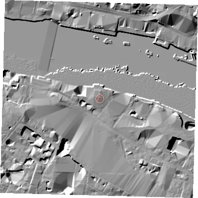 Shaded relief map of the ground around SE12QL, computed from Environment Agency LiDAR. The ground here sits at about 6 m above sea level and falls 18 m across the surrounding 800 m. Surface water reaching this point runs off ground lying to the north, 1.0 m higher.