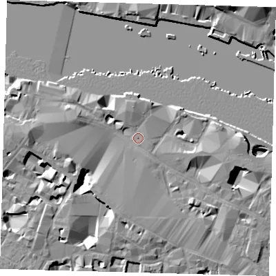 Shaded relief map of the ground around SE12QN, computed from Environment Agency LiDAR. The ground here sits at about 4 m above sea level and falls 15 m across the surrounding 800 m. Surface water reaching this point runs off ground lying to the north, 2.4 m higher.