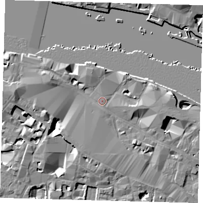 Shaded relief map of the ground around SE12QP, computed from Environment Agency LiDAR. The ground here sits at about 4 m above sea level and falls 13 m across the surrounding 800 m. Surface water reaching this point runs off ground lying to the east-north-east, 5.1 m higher.