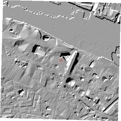 Shaded relief map of the ground around SE12QR, computed from Environment Agency LiDAR. The ground here sits at about 5 m above sea level and falls 29 m across the surrounding 800 m. Surface water reaching this point runs off ground lying to the east, 27.8 m higher.