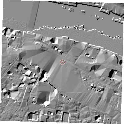 Shaded relief map of the ground around SE12QS, computed from Environment Agency LiDAR. The ground here sits at about 4 m above sea level and falls 12 m across the surrounding 800 m. Surface water reaching this point runs off ground lying to the north-west, 10.1 m higher.