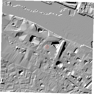 Shaded relief map of the ground around SE12QX, computed from Environment Agency LiDAR. The ground here sits at about 5 m above sea level and falls 29 m across the surrounding 800 m. Surface water reaching this point runs off ground lying to the north, 1.6 m higher.