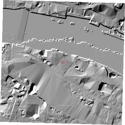 Shaded relief map of the ground around SE12RD, computed from Environment Agency LiDAR. The ground here sits at about 5 m above sea level and falls 18 m across the surrounding 800 m. Surface water reaching this point runs off ground lying to the north-west, 1.7 m higher.