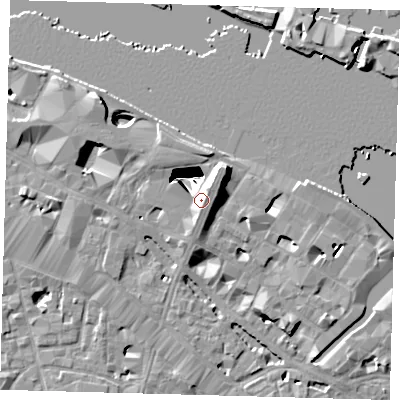 Shaded relief map of the ground around SE12RF, computed from Environment Agency LiDAR. The ground here sits at about 7 m above sea level and falls 29 m across the surrounding 800 m. Surface water reaching this point runs off ground lying to the north-east, 10.8 m higher.
