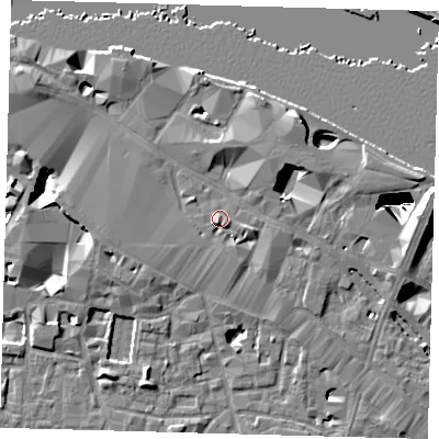 Shaded relief map of the ground around SE12RH, computed from Environment Agency LiDAR. The ground here sits at about 5 m above sea level and falls 29 m across the surrounding 800 m. Surface water reaching this point runs off ground lying to the east-south-east, 2.4 m higher.