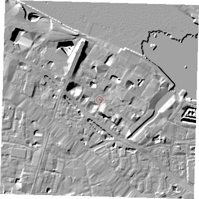 Shaded relief map of the ground around SE12RJ, computed from Environment Agency LiDAR. The ground here sits at about 4 m above sea level and falls 29 m across the surrounding 800 m. Surface water reaching this point runs off ground lying to the north-north-west, 6.7 m higher.