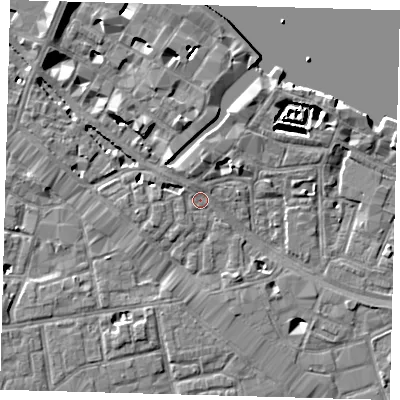 Shaded relief map of the ground around SE12RN, computed from Environment Agency LiDAR. The ground here sits at about 3 m above sea level and falls 7 m across the surrounding 800 m. Surface water reaching this point runs off ground lying to the west-north-west, 0.9 m higher.