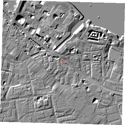 Shaded relief map of the ground around SE12RP, computed from Environment Agency LiDAR. The ground here sits at about 3 m above sea level and falls 7 m across the surrounding 800 m. Surface water reaching this point runs off ground lying to the north-north-west, 0.9 m higher.