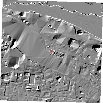 Shaded relief map of the ground around SE12RU, computed from Environment Agency LiDAR. The ground here sits at about 4 m above sea level and falls 28 m across the surrounding 800 m. Surface water reaching this point runs off ground lying to the north-east, 4.0 m higher.