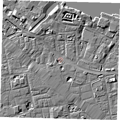 Shaded relief map of the ground around SE12RW, computed from Environment Agency LiDAR. The ground here sits at about 3 m above sea level and falls 7 m across the surrounding 800 m. Surface water reaching this point runs off ground lying to the south-south-east, 2.1 m higher.