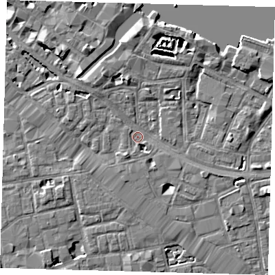 Shaded relief map of the ground around SE12RX, computed from Environment Agency LiDAR. The ground here sits at about 3 m above sea level and falls 7 m across the surrounding 800 m. Surface water reaching this point runs off ground lying to the south-south-west, 2.4 m higher.