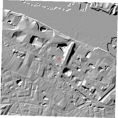 Shaded relief map of the ground around SE12RZ, computed from Environment Agency LiDAR. The ground here sits at about 5 m above sea level and falls 29 m across the surrounding 800 m. Surface water reaching this point runs off ground lying to the east-south-east, 1.5 m higher.