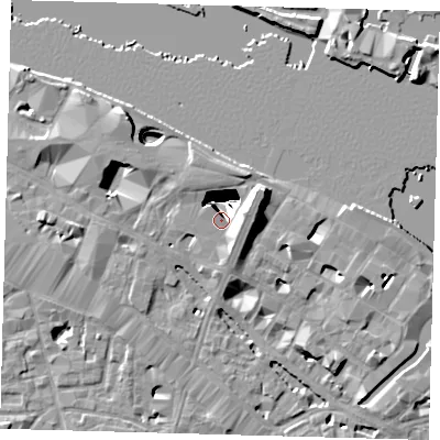 Shaded relief map of the ground around SE12SA, computed from Environment Agency LiDAR. The ground here sits at about 5 m above sea level and falls 29 m across the surrounding 800 m. Surface water reaching this point runs off ground lying to the east-north-east, 18.6 m higher.