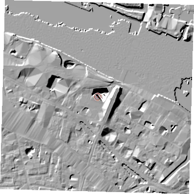 Shaded relief map of the ground around SE12SB, computed from Environment Agency LiDAR. The ground here sits at about 6 m above sea level and falls 29 m across the surrounding 800 m. Surface water reaching this point runs off ground lying to the east, 27.8 m higher.