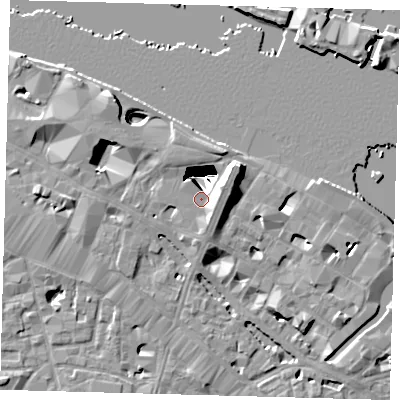 Shaded relief map of the ground around SE12SD, computed from Environment Agency LiDAR. The ground here sits at about 5 m above sea level and falls 29 m across the surrounding 800 m. Surface water reaching this point runs off ground lying to the east-north-east, 8.3 m higher.