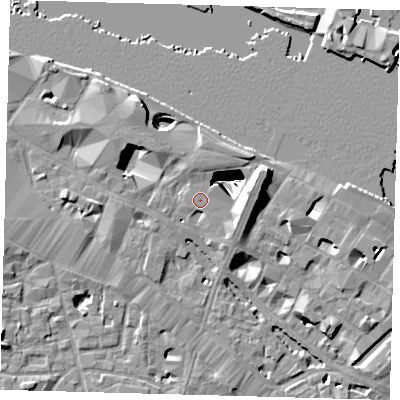 Shaded relief map of the ground around SE12SE, computed from Environment Agency LiDAR. The ground here sits at about 5 m above sea level and falls 29 m across the surrounding 800 m. The ground contributing surface water to this point lies to the north-east.