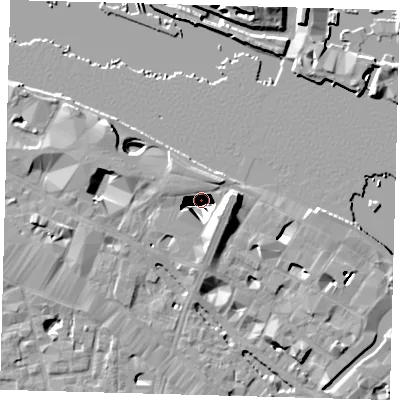 Shaded relief map of the ground around SE12SG, computed from Environment Agency LiDAR. The ground here sits at about -3 m above sea level and falls 29 m across the surrounding 800 m. Surface water reaching this point runs off ground lying to the south-east, 27.8 m higher.