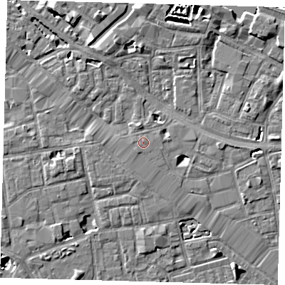 Shaded relief map of the ground around SE12SH, computed from Environment Agency LiDAR. The ground here sits at about 3 m above sea level and falls 7 m across the surrounding 800 m. Surface water reaching this point runs off ground lying to the south-west, 0.6 m higher.